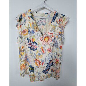 Cynthia Rowley Womens Floral V-Neck Ruffle Sleeve Top Blouse 2X Lightweight NWOT